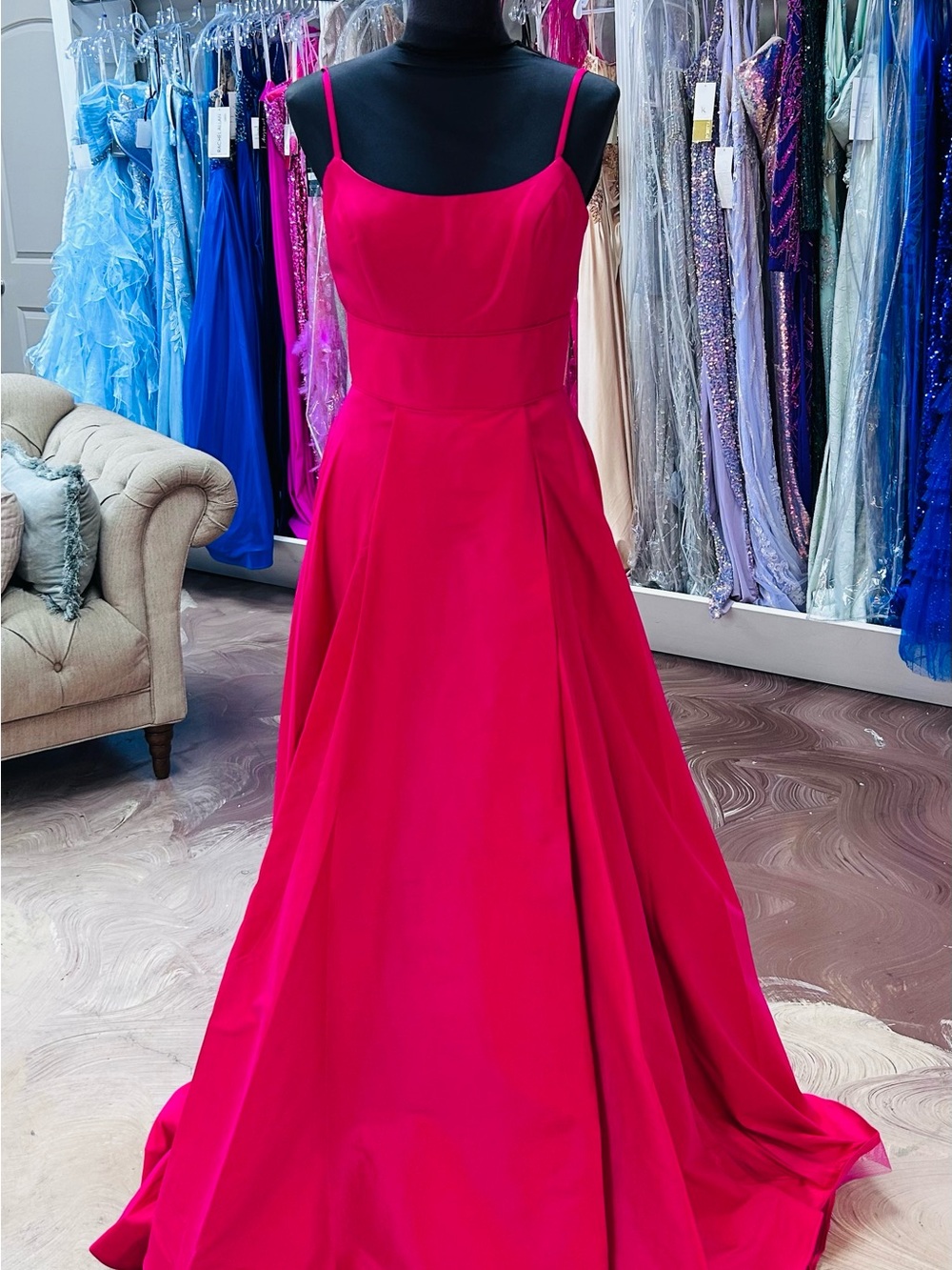 Fuchsia Satin Spaghetti-Strap Prom Gown